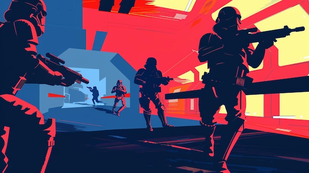 soldados em um ambiente de ficção científica com um fundo vermelho generativo ai