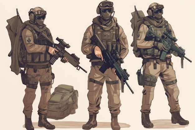 Soldados en equipo completo y con rifle de asalto Ilustración vectorial Unidad militar de fuerzas especiales en equipo táctico completo AI generado