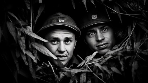 Foto soldados estadounidenses y alemanes involucrados en un feroz combate en el campo de batalla de la segunda guerra mundial