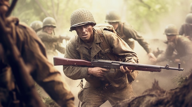 Soldados estadounidenses luchando en el campo de batalla Marines fuerzas especiales ataque de fuego en la guerra