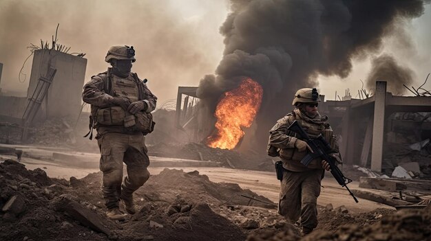 Los soldados de las fuerzas especiales militares cruzan el concepto de guerra del ejército de la ciudad destruida IA generativa