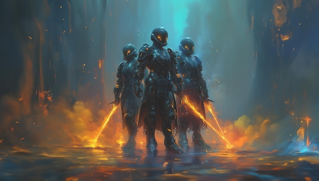 soldados futuristas de ciencia ficción guerreros con armadura de ciencia ficción y espada control de elemento de fuego