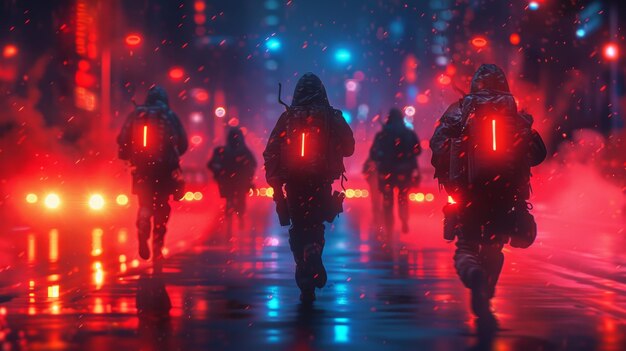 Soldados futuristas marchando en una ciudad lluviosa iluminada por neón