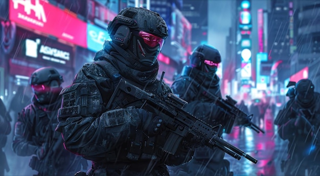 Soldados futuristas o policías en máscaras con armas en la calle de la ciudad de neón por la noche equipo militar en edificios modernos de fondo Tema del futuro cibernético uniforme cyberpunk