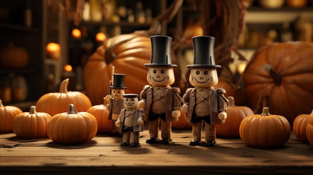 Soldados de juguete junto a calabazas de Halloween