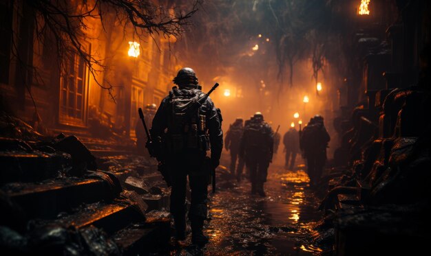 Soldados marchando a través de un túnel poco iluminado Un grupo de personas caminando por una calle por la noche