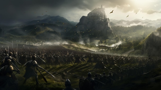 Soldados medievais da guerra da batalha no vale verde