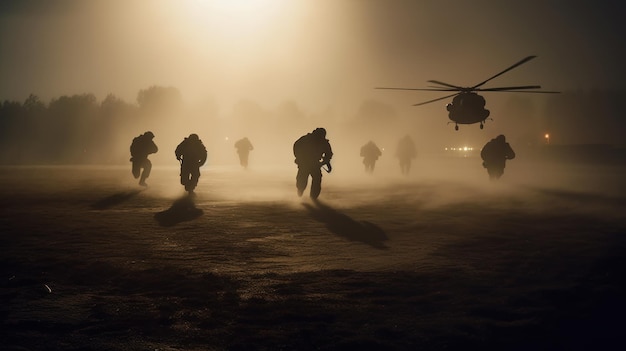 Los soldados militares corren hacia el helicóptero en el campo de batalla En medio del polvo y el caos del campo de batalla, los soldados cargan hacia el helicóptero con un enfoque inquebrantable.