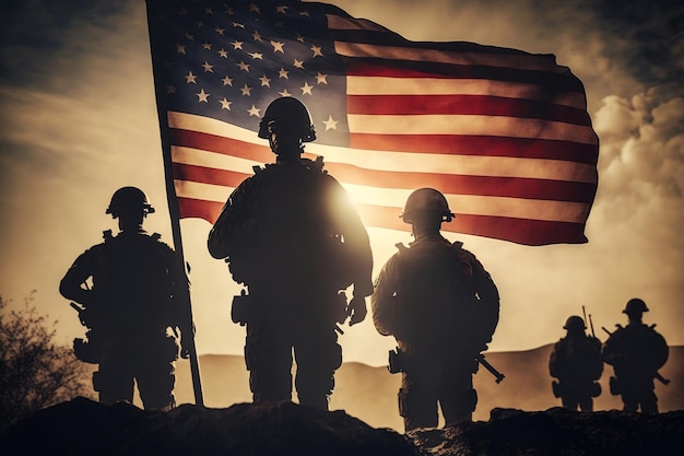 soldados no fundo da bandeira nacional americana cartão de Natal para o Dia dos Veteranos Dia da Memória Dia da Independência Celebração da América IA generativa