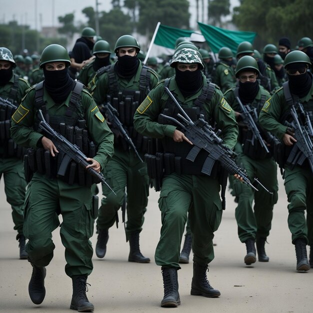 Foto soldados palestinos muçulmanos do hamas com a bandeira da palestina