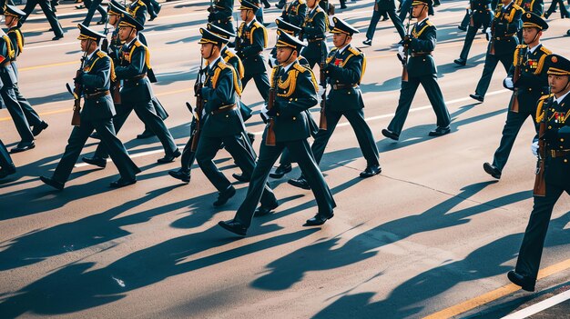 Foto soldados con pasos de ganso en perfecto unísono sus rifles sostenidos en un ángulo preciso