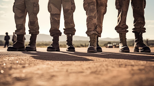 Foto soldados de reserva de la fuerza de defensa de israel con un enfoque en sus robustas botas militares un símbolo de dedicación y preparación