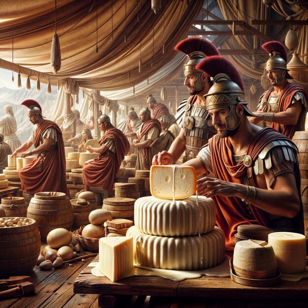 Soldados romanos trabajando con queso