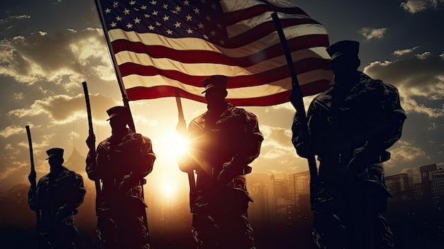 Soldados saludando contra la puesta y el amanecer de la bandera de los Estados Unidos Tarjeta de felicitación para celebraciones patrióticas