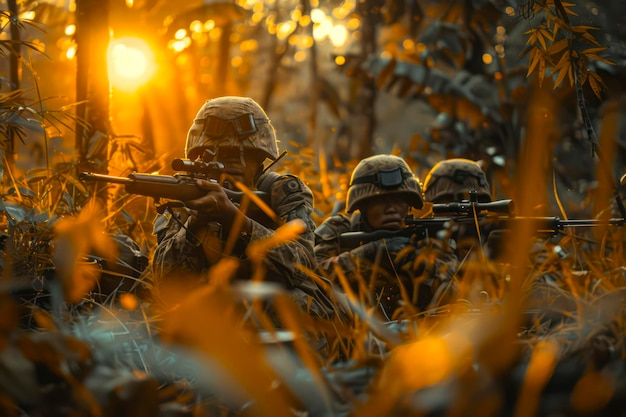 Los soldados de la Segunda Guerra Mundial en acción en el campo de batalla de la jungla