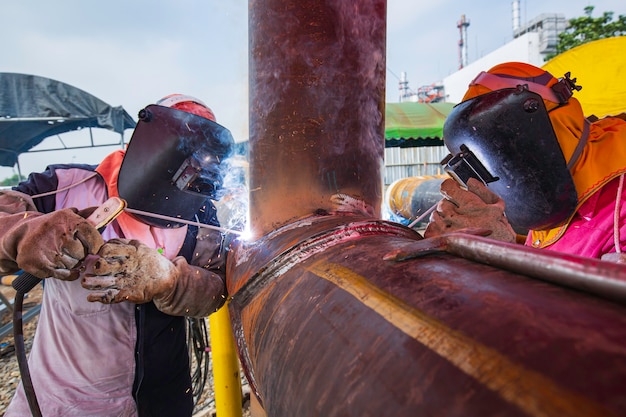 Soldadura de metal de dos trabajadores macho es parte de la maquinaria de construcción de tuberías de boquillas de petróleo y gas