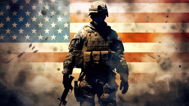 Soldat der Armee mit US-Flagge Generative ai