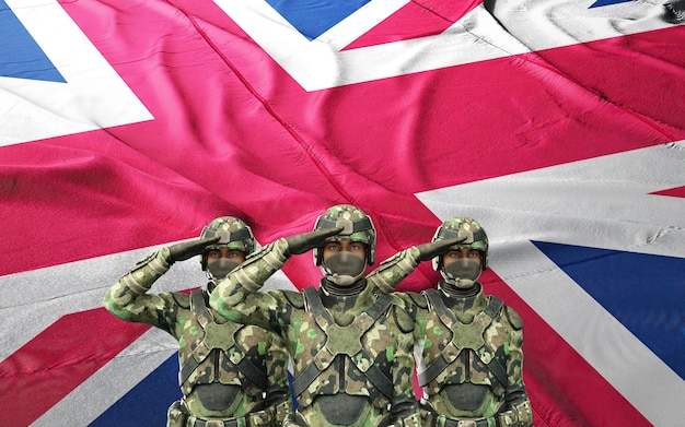 Soldat der britischen Armee mit Nationalflagge. Grußkarte für Veterans Day, Memorial Day, Independence Day.