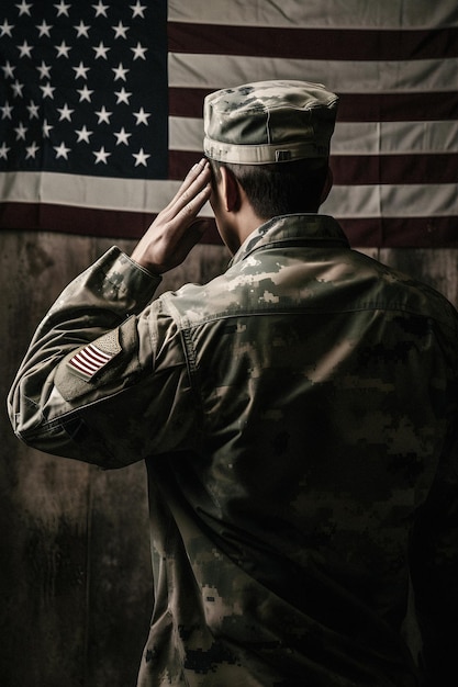 Soldat, der eine Flagge mit den Wörtern US-Armee darauf grüßt