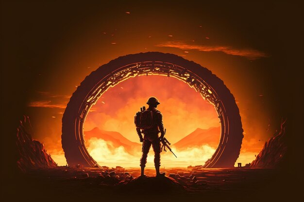 Soldat, der steht und das riesige kreisförmige Feuerportal betrachtet, das im Himmel schwebt, digitale Kunststil-Illustrationsmalerei, Fantasy-Konzept eines Soldaten in der Nähe des Portals