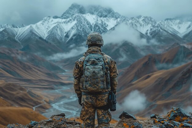 Soldat, der stolz auf einem Berg steht. Soldat-Konzept.