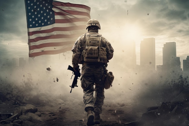 Soldat der US-Armee geht mit amerikanischer Flagge durch die Stadt. Ein amerikanischer Soldat steht auf einem Schlachtfeld mit einer amerikanischen Flagge auf der Hand, vollständige Rückansicht, KI-generiert