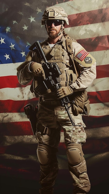 Foto soldat hält die usa-flagge im hintergrund