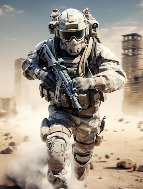 Soldat in der Wüste mit Maschinengewehr 3D-Rendering