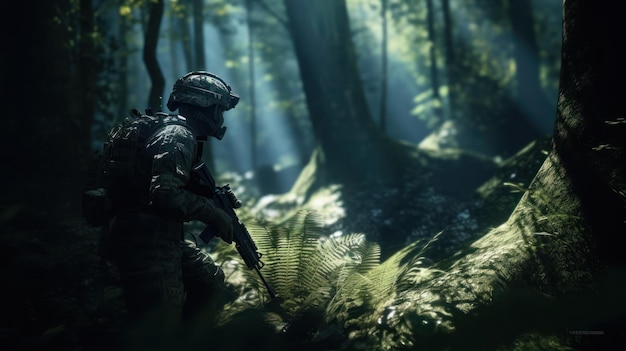 Soldat in einem Wald mit den Worten Armee auf der linken Seite