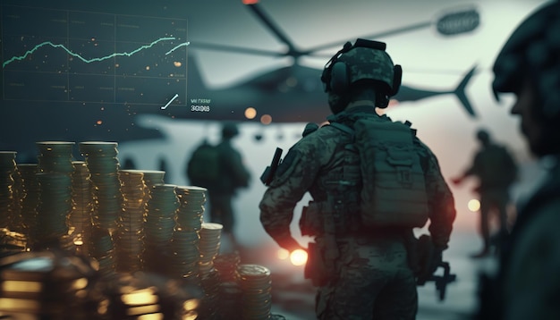 Soldat in einer Militäruniform, der auf dem Hintergrund eines fliegenden Flugzeugs und eines Haufens Münzen steht Generative KI