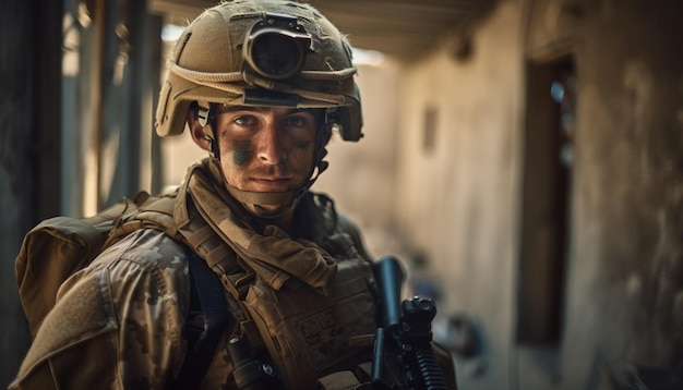 Soldat in Tarnung zielt mit dem von der KI erzeugten Vertrauen auf das Gewehr