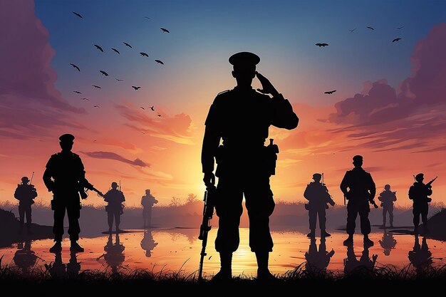 Soldat salutiert Silhouette am Sonnenuntergang Himmel Kriegsarmee Militärwache