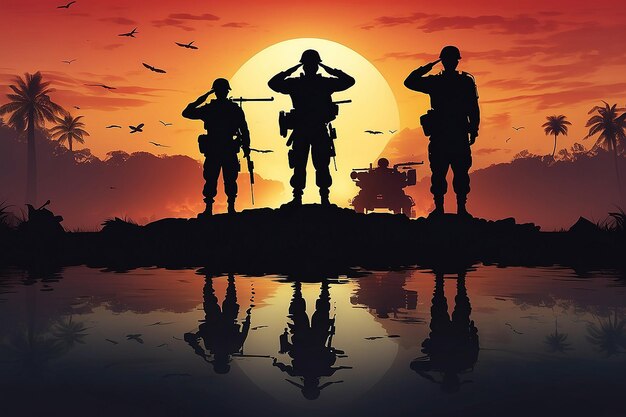 Soldat salutiert Silhouette am Sonnenuntergang Himmel Kriegsarmee Militärwache