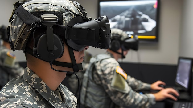 Foto soldat trägt ein virtual-reality-headset während einer trainingsübung
