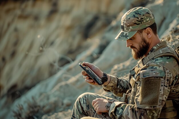 Foto soldat überprüft sein smartphone in tarnbekleidung