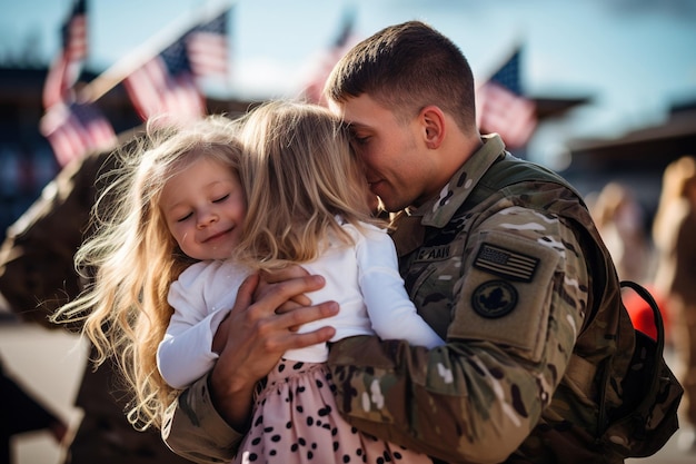 Soldat umarmt seine Frau und Kinder bei seiner Heimkehr