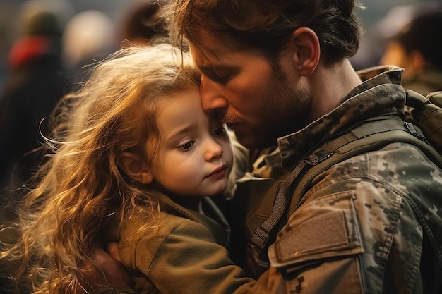 Soldat umarmt seine junge Tochter Generative Ai