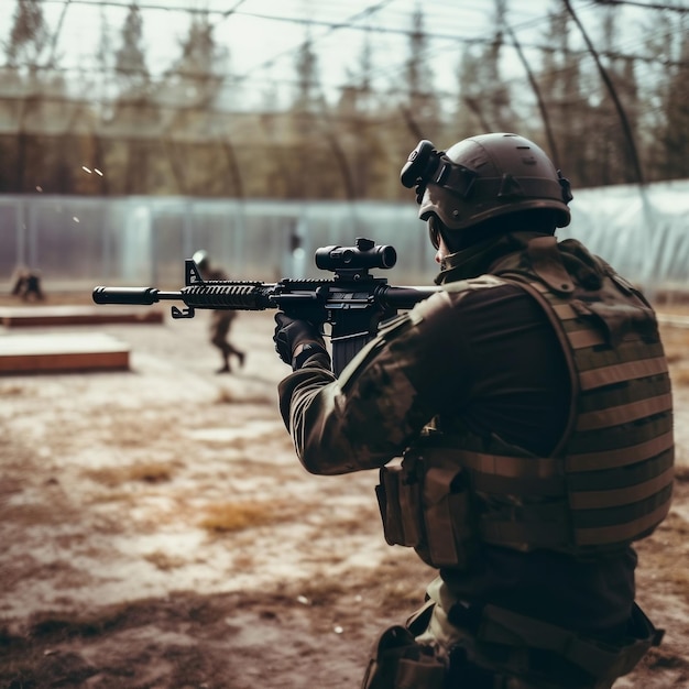 Soldat zielt mit einem Angriffsgewehr auf einen Schießstand im Freien