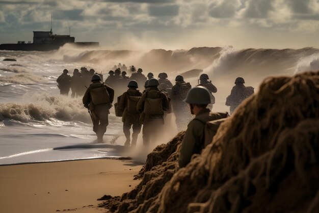 Soldaten am Strand mit dem Meer im Hintergrund