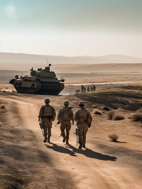 Soldaten auf dem Weg zum Panzer in der Wüste Militärmission in verlassenem Land Konflikt- und Kriegskonzept Generative KI