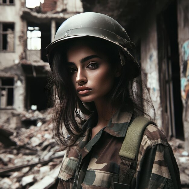 Soldaten in der Mitte eines zerstörten Gebäudes Kriegshintergrund