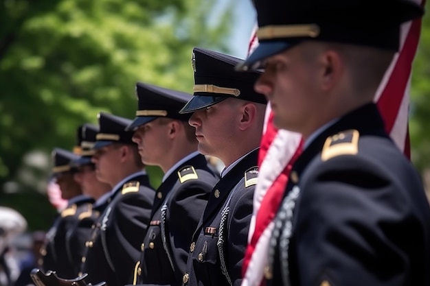 Soldaten in Militäruniformen stehen in einer Parade mit amerikanischen Flaggen an der Seite