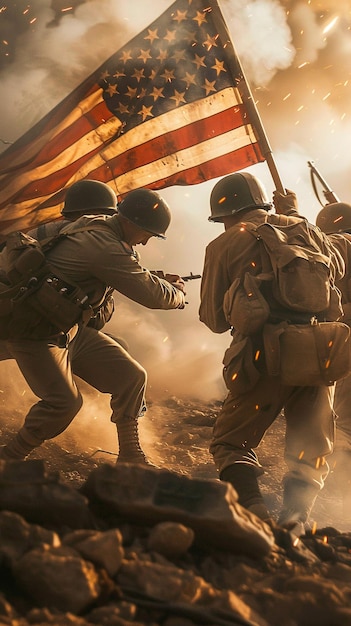 Soldaten mit der Flagge im Hintergrund