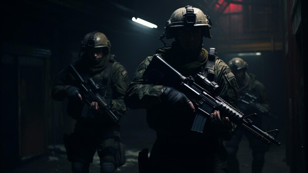 Soldaten mit einer Gewehrpistole in einer dunklen Fabrik mit generativer KI