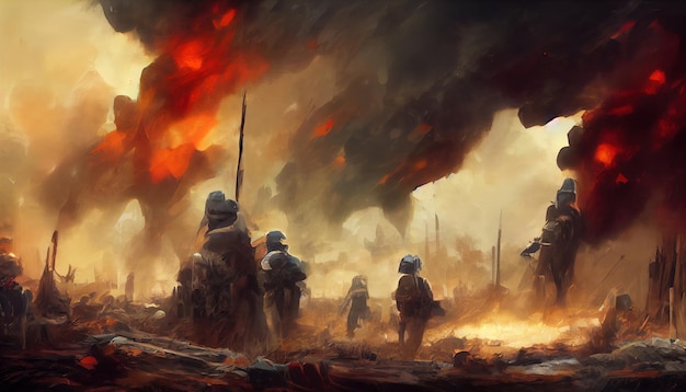 Soldaten nach dem Krieg auf dem Schlachtfeld Digital Art Illustration Painting