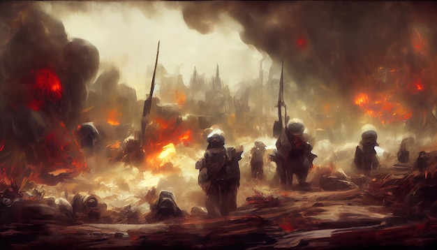 Soldaten nach dem Krieg auf dem Schlachtfeld Digital Art Illustration Painting