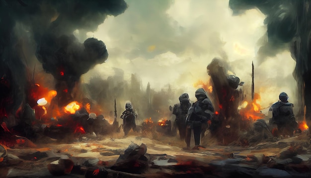 Soldaten nach dem Krieg auf dem Schlachtfeld Digital Art Illustration Painting