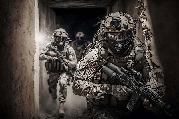 Soldaten rennen durch einen unterirdischen Tunnel, einer davon trägt eine Gasmaske.