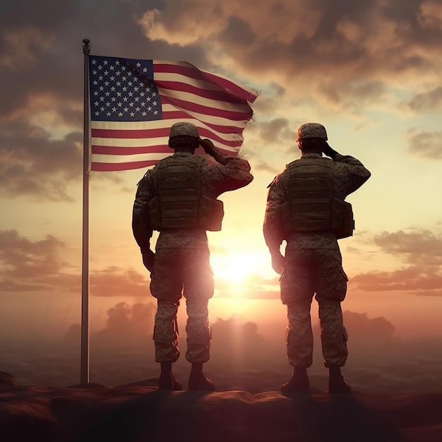 Soldaten salutieren mit der Sonne im Rücken vor einer Fahne