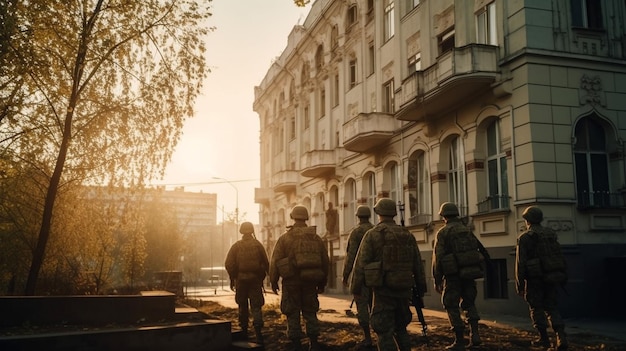 Soldaten stehen vor einem Gebäude, hinter ihnen die untergehende Sonne.